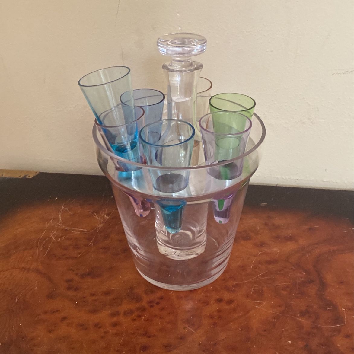 Vintage Colorful Glass Shot Glass With Glass Ice Bucket