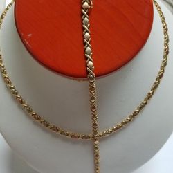 14k Yellow Gold 3tone XO Necklace 16.5"in Length 5mm In Size And Bracelet 7inches in Length Italy 