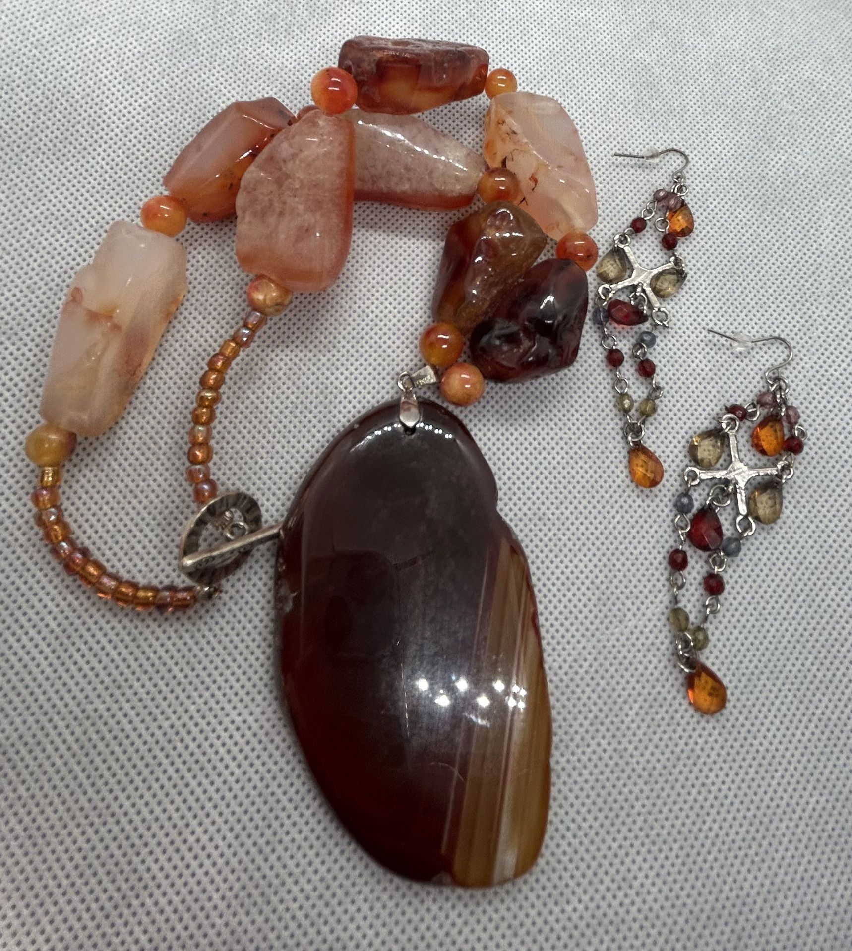 Vintage Raw Amber Like Crystal Beaded Necklace & Earring Set