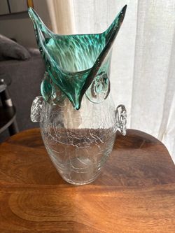 Vintage Hand Blown Crackle Glass Owl Vase