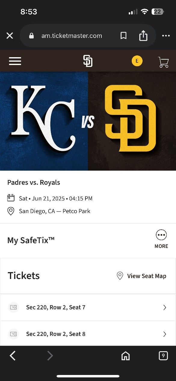 Padres vs Royals Sat Jun 21st Sec 220 Row 2 Seats 7-10