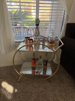 Modern Gold 2-Tier Rolling Bar Cart / Beverage Cart with Mirrored Shelves