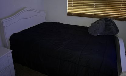 3 piece White Queen/full bedroom set (Bed frame, nightstand, and dresser with mirror attached)