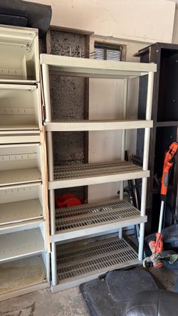 Heavy-duty plastic storage shelving unit — 73” x 36” x 18”