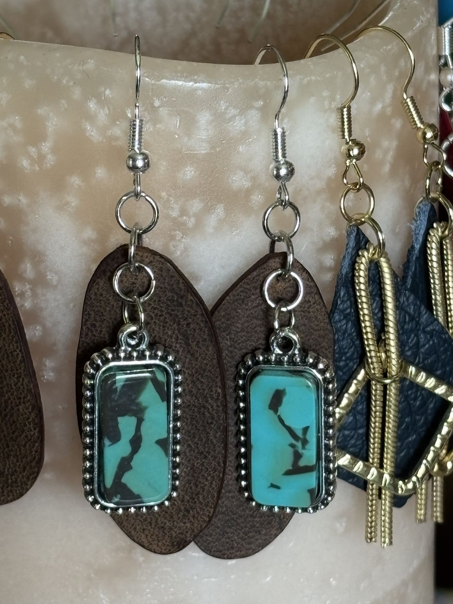 Your choice handcrafted drop dangle earrings  gold tone silver tone  leather  faux turquoise  NEW