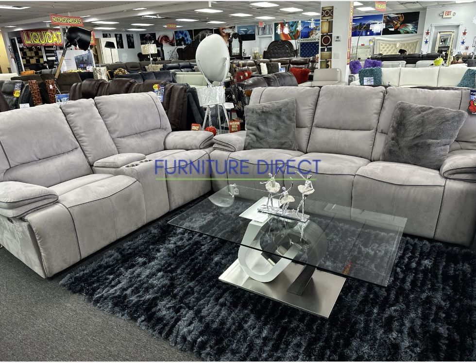Beautiful Two-Tone, Gray Fabric Sofa And Loveseat Set Now 65% Off, Power Head And Foot Reclining