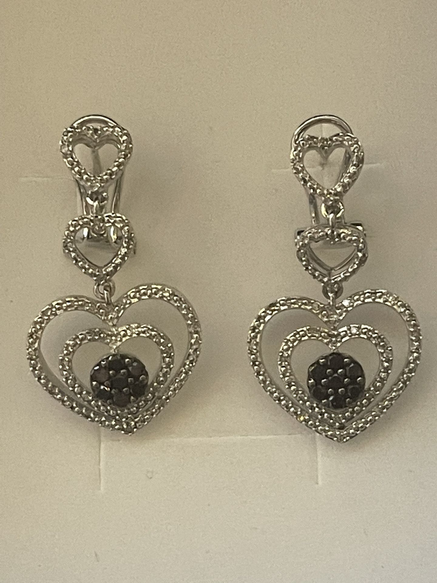 Sterling Silver ~1/2CTW Black & White Diamond Heart Dangle Earrings