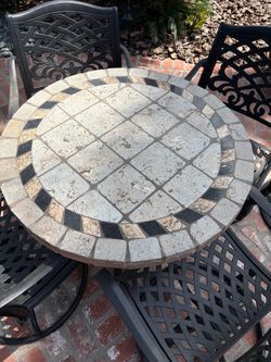 Outdoor Tile Mosaic Table, Umbrella with Base and Covers.  4 Swivel Patio Chairs