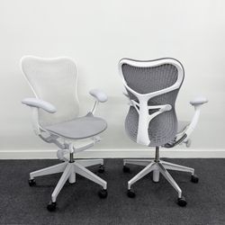 LIKE NEW HERMAN MILLER MIRRA 2 CHAIRS WHITE FRAME, BOTH HAVE LUMBAR SUPPORT!   THE CHAIRS HAVE BEEN THOROUGHLY CLEANSED AND SANITIZED!   🚚