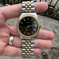 Geneva Two-Tone Quartz Watch - Black Dial - NEW BATTERY