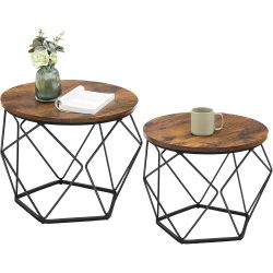 Set of 2 - Rustic Brown / Black Metal Coffee / Side / End Tables [NEW] **Assembly Req.