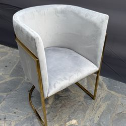 Set of Brand New Modern Grey Velvet Accent Chairs with Gold Frame (Unused).