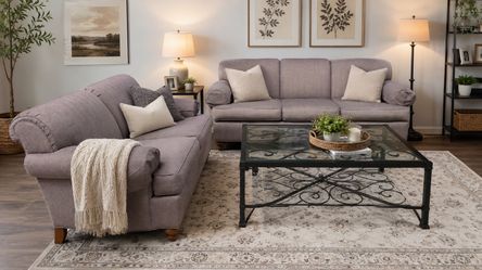 Ethan Allen Sofa & Loveseat Set + Glass Coffee Table – Good Condition