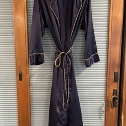 Victoria's Secret long satin robe in navy blue with gold piping. Size M Medium