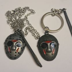 Friday The 13th JASON'S MASK W/Machete Metal Pendant W/ 20" Chain / Keychain