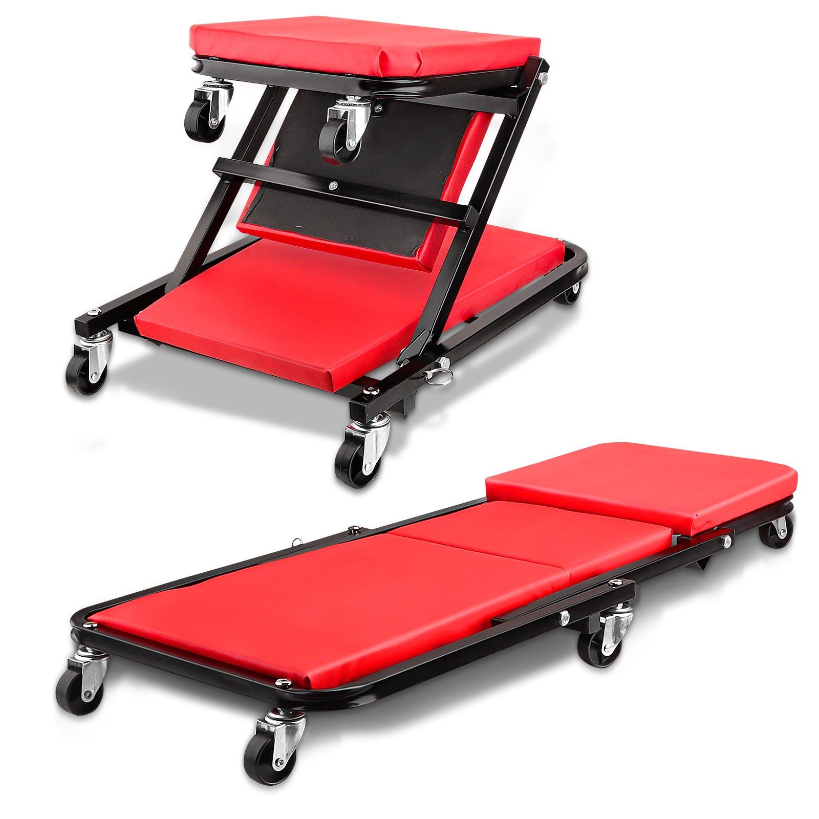 36 Inch Foldable Creeper Seat,2 in 1 Z Shape Creeper and Seats, 6 Swivel Casters Wheeled Creeper for Garage Shop, 330 lbs Capacity, Red
