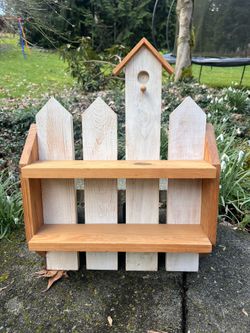 Rustic Wooden Wall Shelf with Birdhouse – Farmhouse Picket Fence Shelf