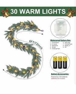 Artgar Christmas Cedar Garland, 6 Ft Prelit Christmas Garland Realistic Pine Garland with 30 Light with 8 Light Modes for Mantel Stair Table Indoor Ou