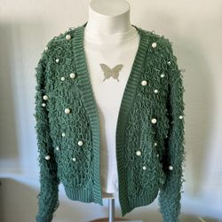 Women's Green Loop and Pearl Cardigan Sweater Size XXL ~ NWoT