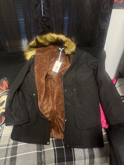 Black Parka Jacket with Faux Fur Hood 2 XL