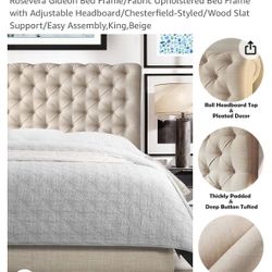 Beige King Upholstered Bed Frame