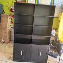 73" Tall Bookcase with Doors, 6-Tier Double Row Bookshelf with 8 Cubes, Black Bookcase for Living Room and Home Office