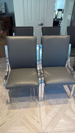 Gray Leather Dining Chairs with Chrome Frame