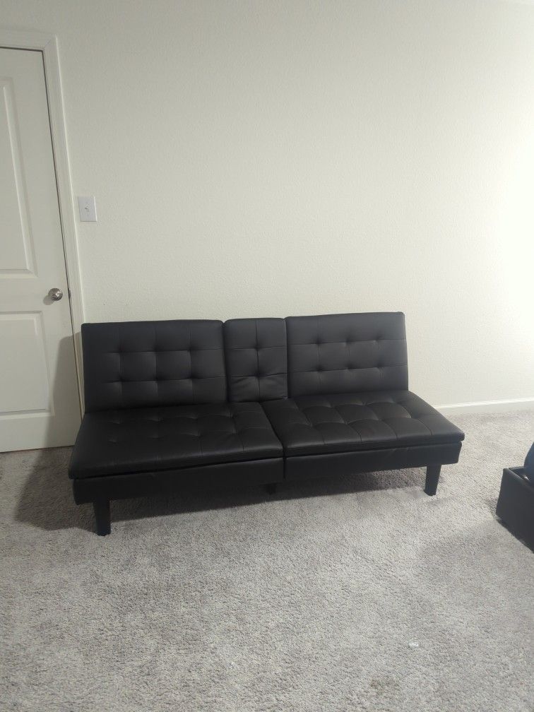 Black Faux Leather Memory Foam Futon With Cupholder And USB port