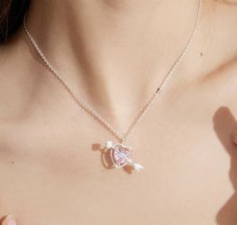 🆕 In 📦 Delicate Arrow Heart Necklace,Pink Zircon Pendant,Adjustable Choker Chain in Silver Tone