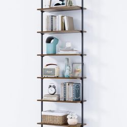 ODK 6-Tier Ladder Shelf, 87 Inches Wall Mounted Ladder Bookshelf with Metal Frame, Open Industrial Shelves for Home Office, Bedroom and Living Room, R