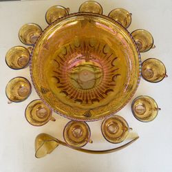 Vintage Carnival Glass Punch Bowl 12 Cups Harvest Gold Indiana Glass Iridescent