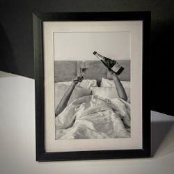 Framed Woman Drinking MOËT Champagne In Bed matte paper Print, Black And White,