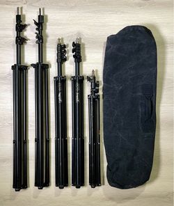 FIVE HEAVY DUTY BLACK ALUMINUM PRO VIDEO PHOTO LIGHT STANDS with CARRYING BAG