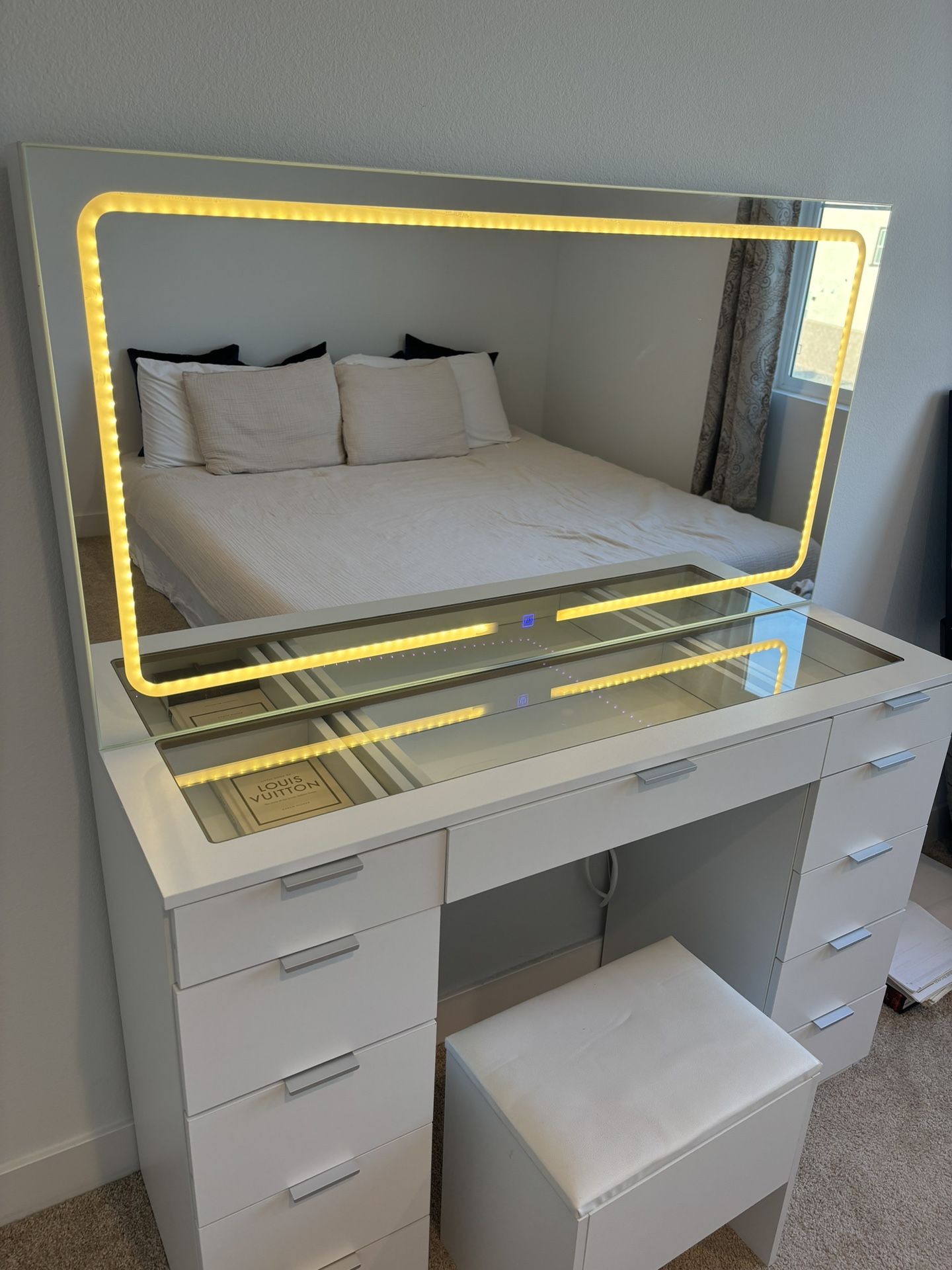 YITAHOME Vanity Desk Set with Large LED Lighted Mirror & Power Outlet, Glass Top Vanity with 11 Drawers and Magnifying Glass, 46'' Large Makeup Vanity