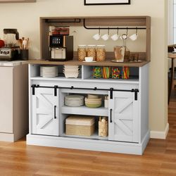 47" Farmhouse Coffee Bar Cabinet with Power Outlets, Sliding Barn Door Sideboard, Modern White $100