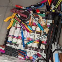 Container Of Artsy Stuff Markers Paint Canvas