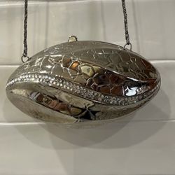 Vintage Football Egg Shaped Purse Silver Alligator & Crystal Metal Shoulderbag