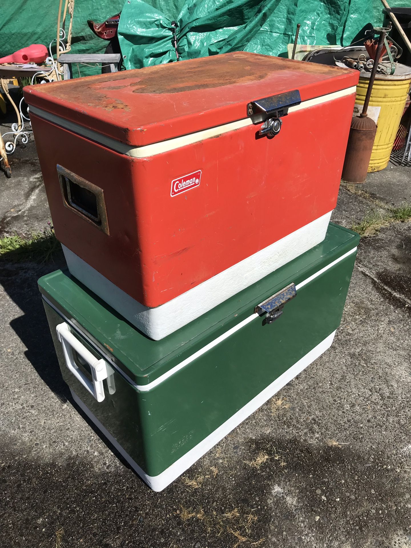 Vintage Coleman Green Large Metal Chest Cooler & Smaller Vintage Coleman Red Metal Chest Cooler- $25 each or both for $40- Cool!