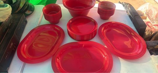 Red Plastic Dinnerware Set - Plates, Bowls, and Platters 80+ Pieces