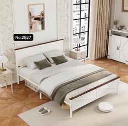 Farmhouse Queen Bed Frame with Headboard and Footboard, Bed Frame Queen Size Metal Platform with Under Bed Storage,  Sturdy & Stable, White