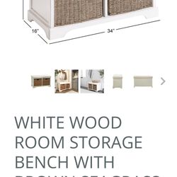 WHITE WOOD ROOM STORAGE BENCH WITH BROWN SEAGRASS BASKETS AND CUSHIONED SEAT, 34" X 16" X 20"
