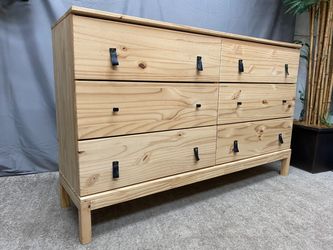 Pine 6-Drawer Lowboy Dresser w/ Leather Handles