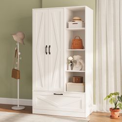 Wooden Wardrobe With 4 Open Storage Shelves, 70.87" Utility Storage Cabinet Armoire