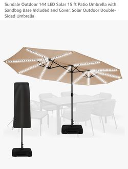 Sundale Outdoor 144 LED Solar 15 ft Patio Umbrella with Sandbag Base Included and Cover, Solar Outdoor Double-Sided Umbrella