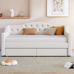 Gorgeous New Button Tufted Beige Twin XL Daybed w/ Storage Drawers Lighted Arms