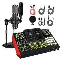 Podcast Microphone Bundle with Live Sound Card Audio Mixer, Podcast Equipment Bundle Sound Board with 3.5mm Condenser Microphone(P15) for Pc/Phone Liv