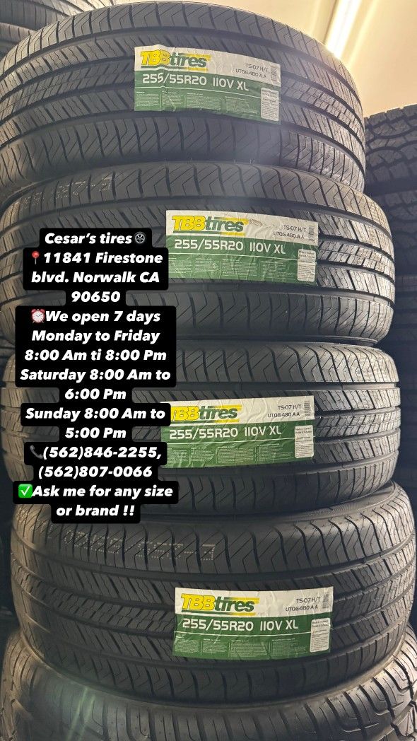 255/55R20 TBB A SET OF FOUR NEW TIRES, INCLUDES MOUNTING AND BALANCING WITH WARRANTY, ASK  ME FOR ANY SIZE OR BRAND, WE HAVE THE BEST PRICES!!