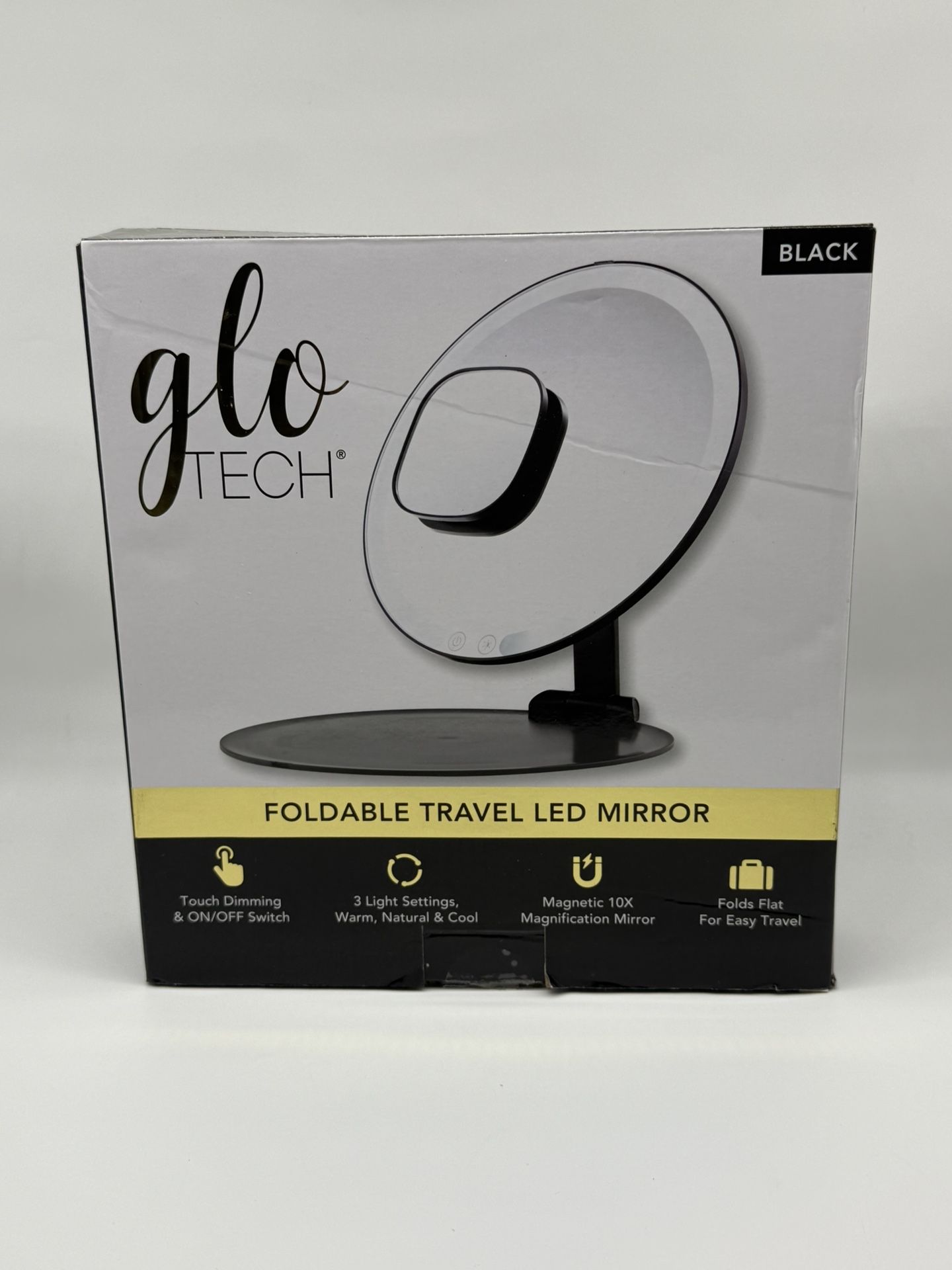 GloTech Foldable Travel LED Mirror W/10X Magnetic Mirror, Black