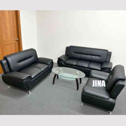3-Piece Black Faux Leather Living Room Sofa Set