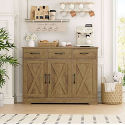 Farmhouse Buffet Sideboard Cabinet, Doors Storage with Drawers and Shelves, Sideboard Brown S-7